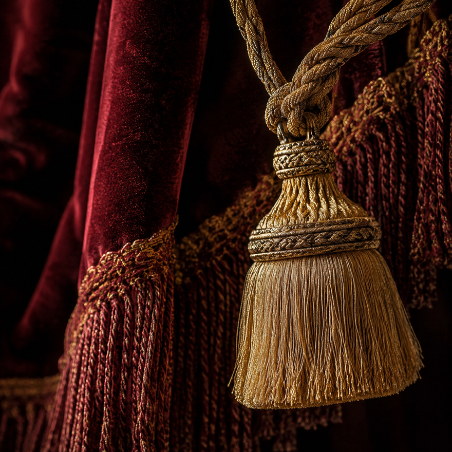 Macro de galon doré et franges velours burgonde, lumière chaude