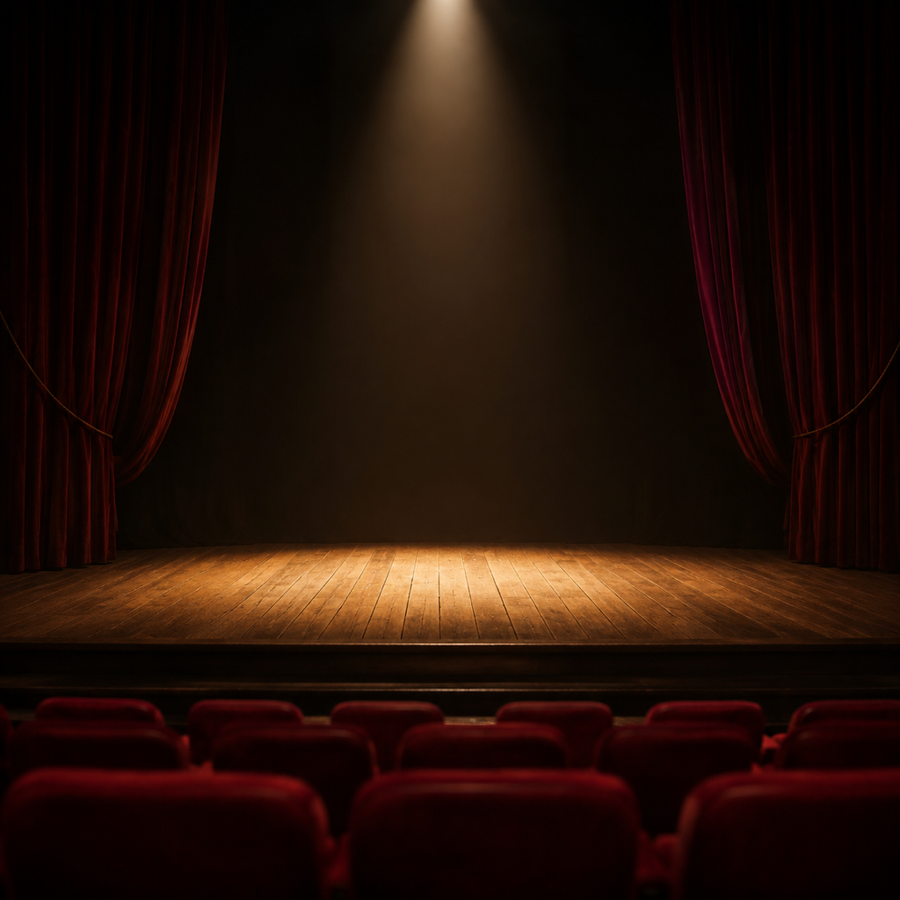 Scène vide de théâtre depuis la salle, projecteur unique sur parquet, fauteuils rouges flous